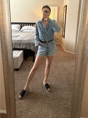 Zara Light Wash Denim Romper XS Long Sleeve Raw Hem Short Jumpsuit NWOT